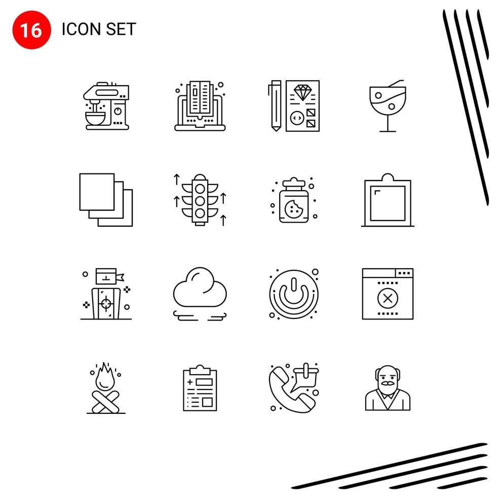 16 ensemble de contours d'interface utilisateur de signes et symboles modernes de codage de verre de jus de groupe programmation de verre de jus de fruits éléments de conception vectoriels modifiables vecteur