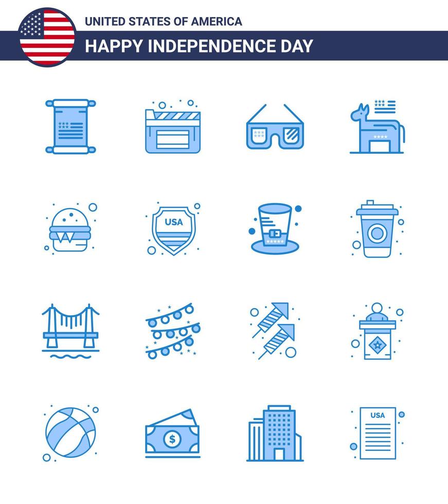 groupe de 16 blues pour le jour de l'indépendance des états-unis d'amérique tels que le symbole des lunettes de burger de nourriture américain modifiable usa day vector design elements