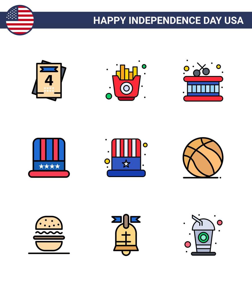 gros pack de 9 usa joyeux jour de l'indépendance usa vecteur lignes remplies à plat et symboles modifiables des usa cap instrument américain américain modifiable usa day vector design elements