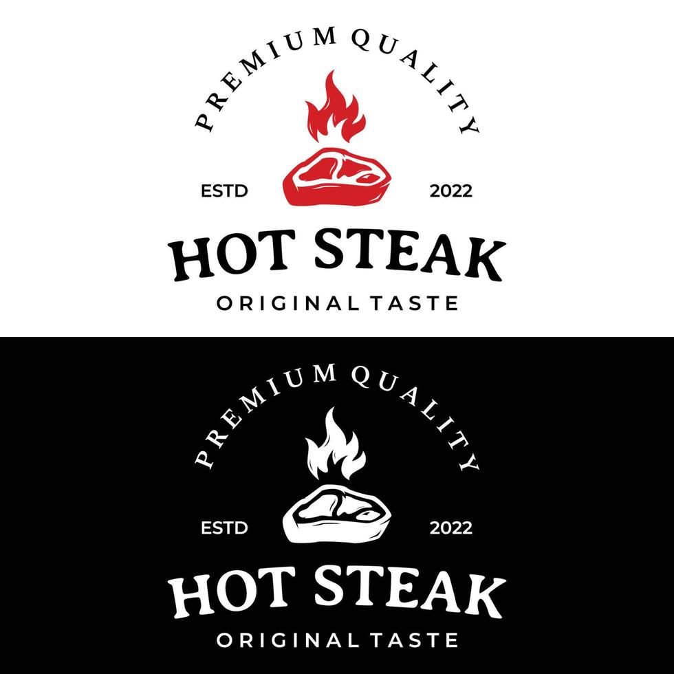 création de logo de steak house ou de viande fraîche vintage. Viande grillée de qualité supérieure. Insigne de typographie pour restaurant rétro, bar et café. vecteur