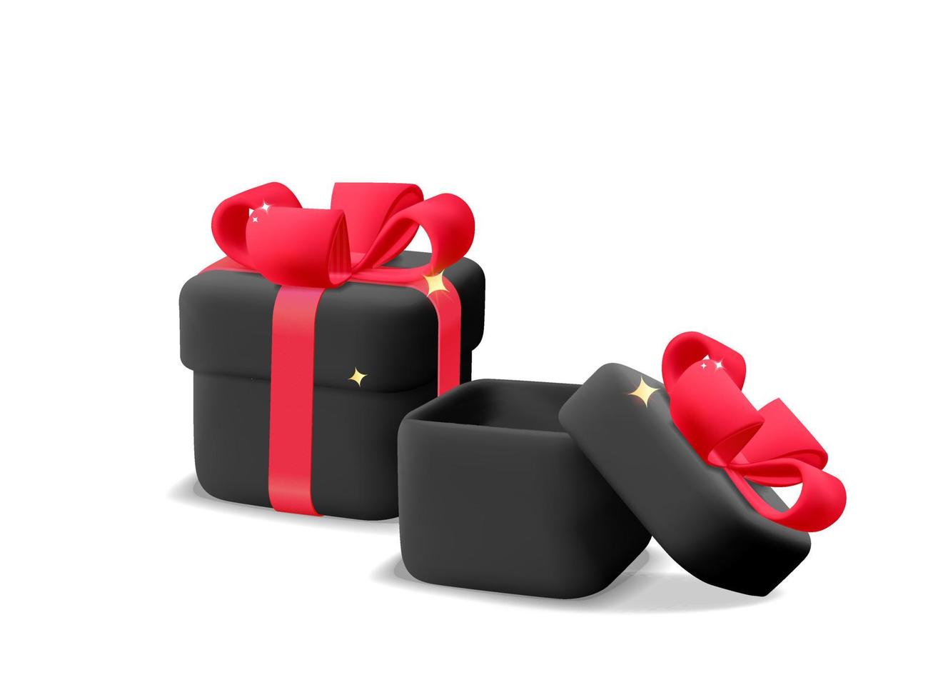3d vecteur noir fermé et ouvert cadeau carré présent boîte avec ruban rouge arc dessin animé rendu icône design