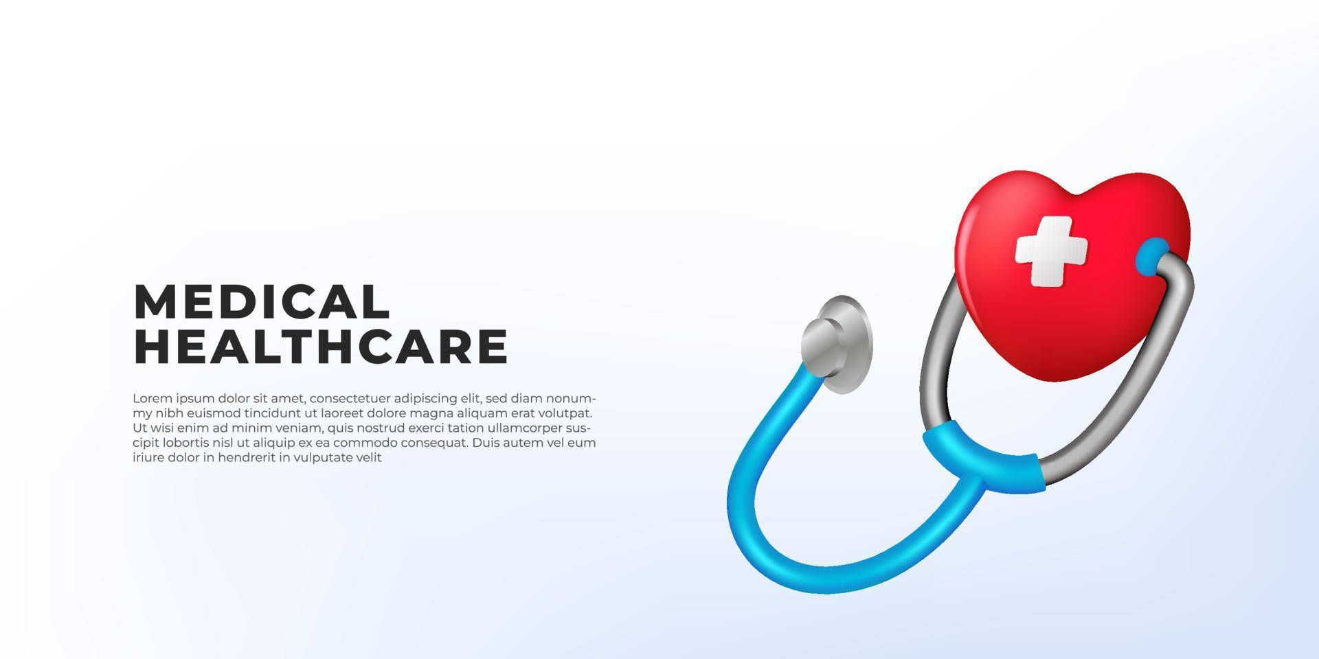 Stéthoscope de dessin animé 3d avec concept d'illustration de soins médicaux à foyer rouge pour clinique hospitalière vecteur