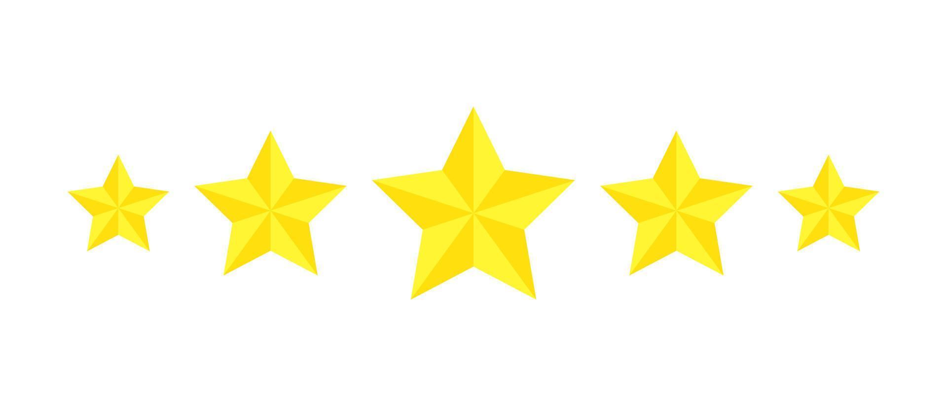 cinq étoiles, examen des icônes plates pour les applications et les sites Web. autocollant de rang 5 étoiles jaune isolé sur fond blanc. pour les évaluations des clients ou les niveaux de produits alimentaires, de services, d'hôtels ou de restaurants. vecteur