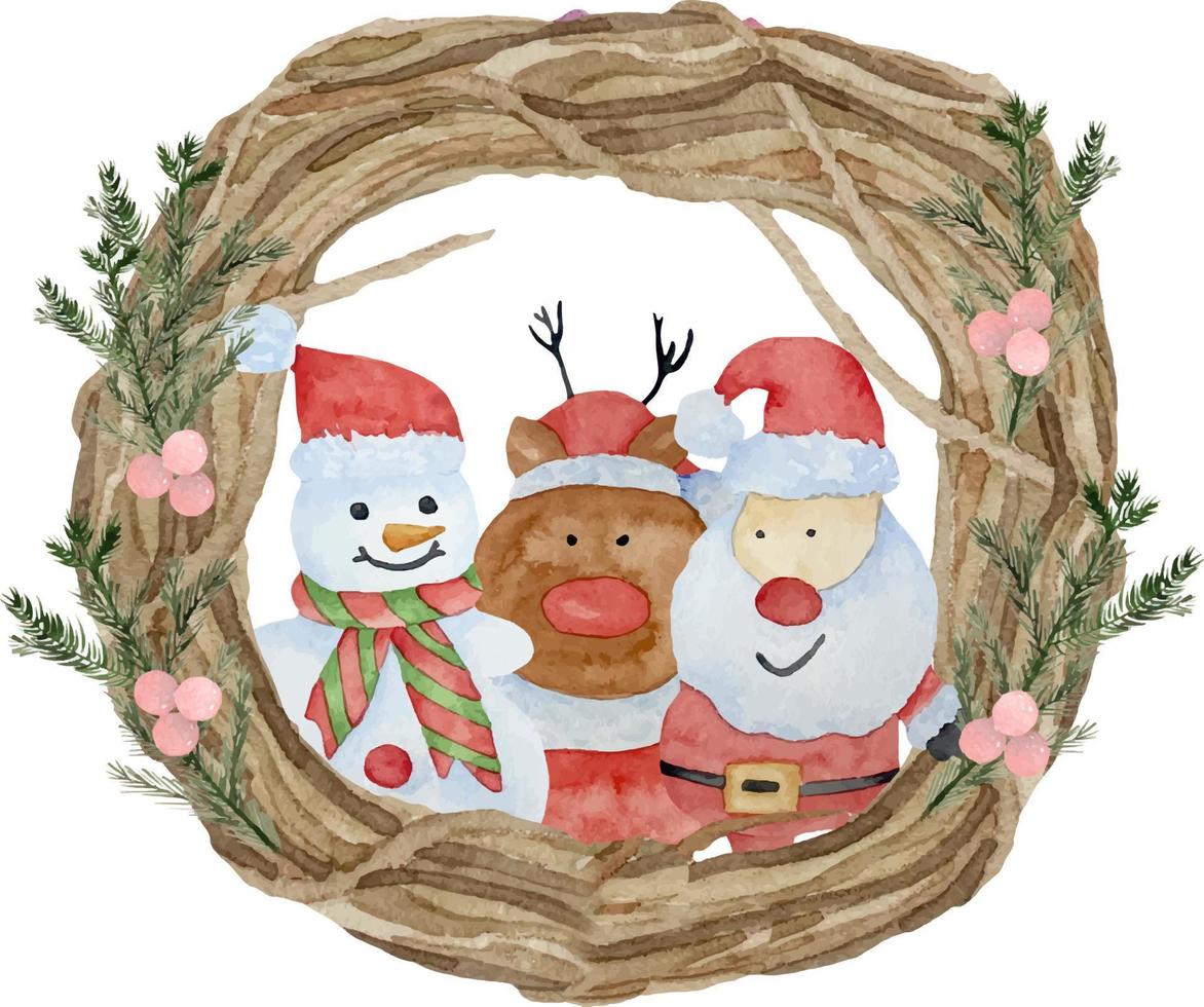 couronne de noël aquarelle traditionnelle avec branches sèches et décor de père noël, bonhomme de neige et cerf vecteur