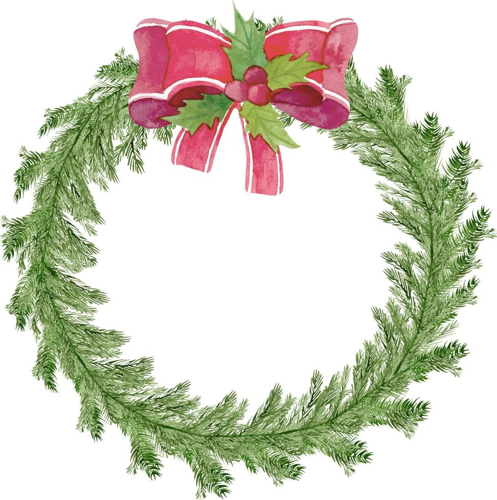 couronne de pin de noël aquarelle traditionnelle avec baw rouge vecteur