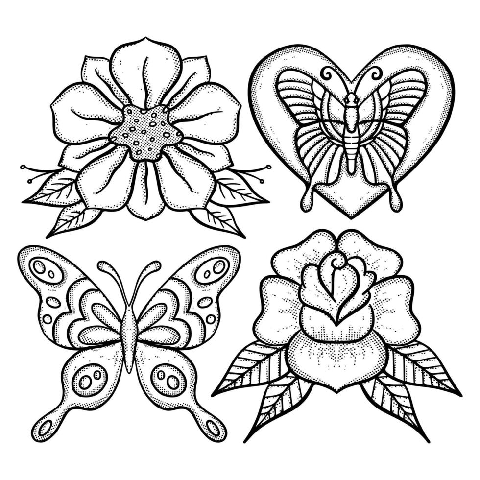 ensemble de collection illustration de fleurs et de papillons croquis dessinés à la main pour le tatouage, les autocollants, le logo, etc. vecteur