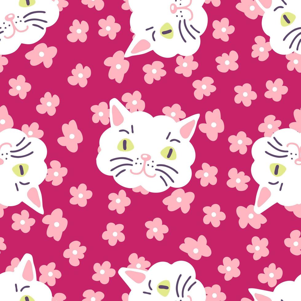 joli motif sans couture avec des visages de chat sur fond floral. vecteur