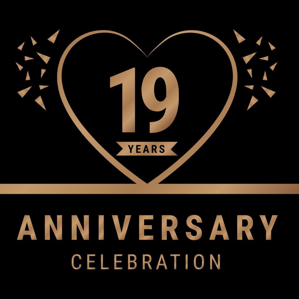 Logotype de célébration d'anniversaire de 19 ans. logo anniversaire avec couleur dorée isolée sur fond noir, création vectorielle pour la célébration, carte d'invitation et carte de voeux. illustration vectorielle eps10 vecteur
