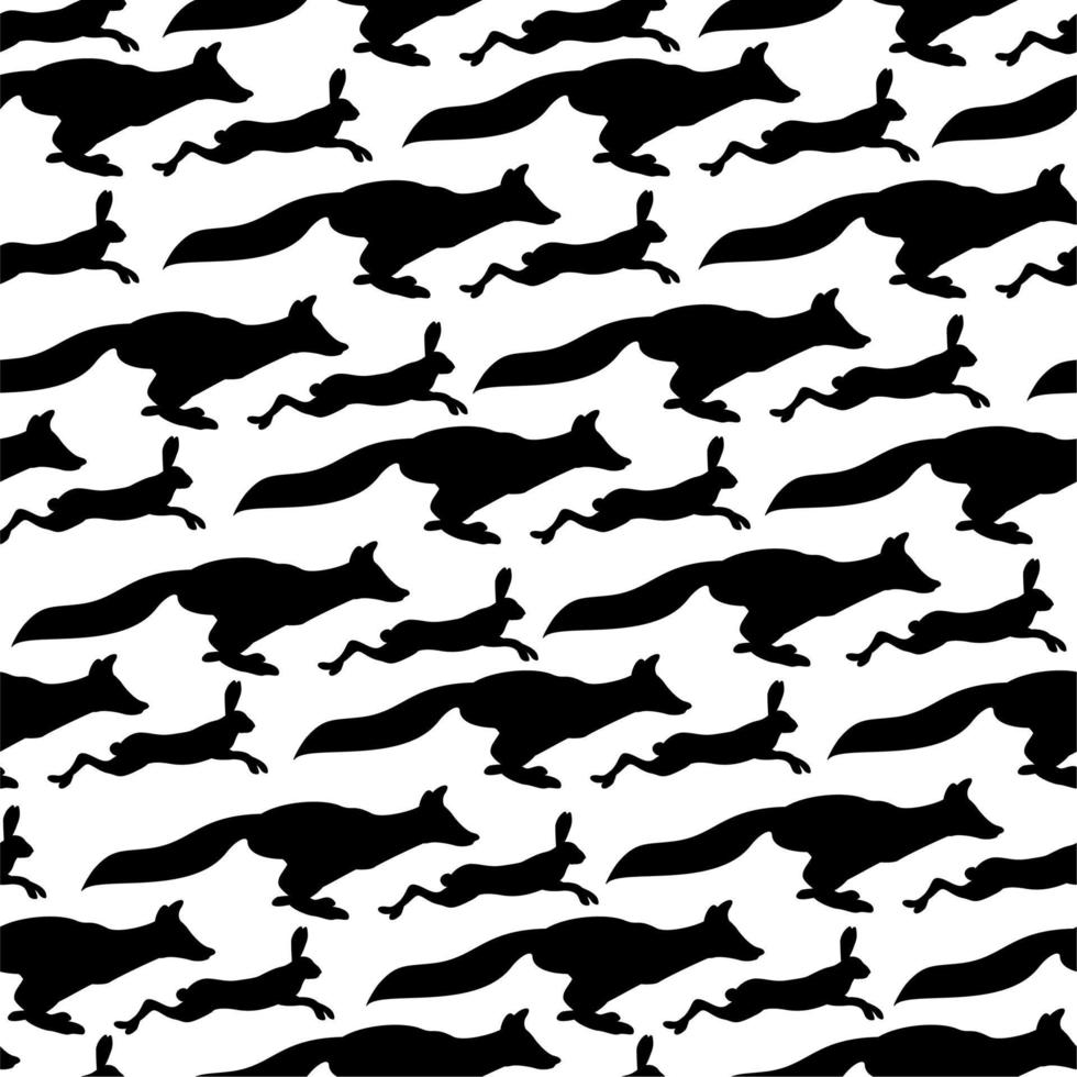 motif animalier monochrome harmonieux de vecteur avec des renards et des lièvres qui courent les uns après les autres.