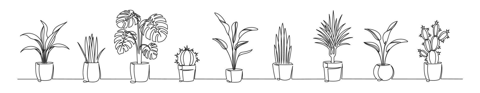 ensemble de dessin continu d'une ligne de fleurs dans des pots vecteur