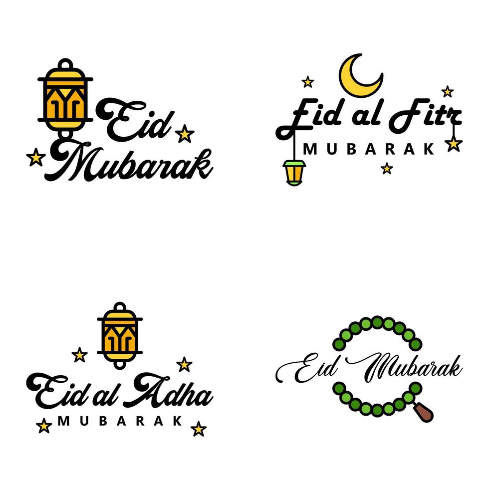 pack moderne de 4 illustrations vectorielles de voeux pour le festival islamique eid al adha eid al fitr lanterne de lune dorée avec de belles étoiles brillantes vecteur