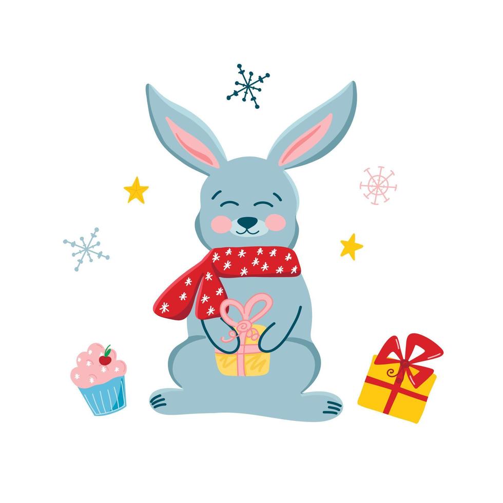 modèle de carte de voeux de vecteur avec mignon lapin de noël en style cartoon, cadeaux et gâteaux. illustration pour enfants avec des animaux mignons pour cartes postales, affiches, design, tissus.