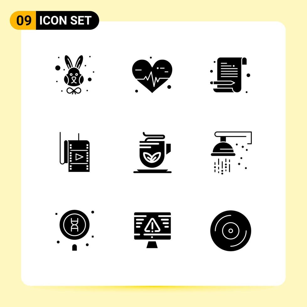 9 concept de glyphe solide pour les sites Web mobiles et applications tasse à thé bloc-notes théâtre film éléments de conception vectoriels modifiables vecteur