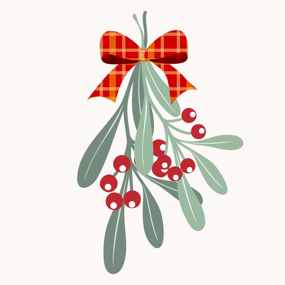 clipart de branches de gui de noël, de feuilles et de baies rouges. illustration de vacances sur fond isolé pour la décoration de noël et la célébration de l'hiver, de noël ou du nouvel an. vecteur