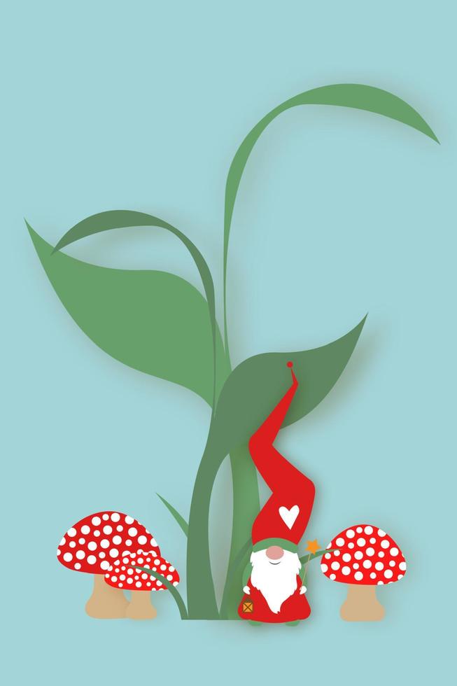 gnome de dessin animé mignon avec un long chapeau rouge. elfe du père noël nordique scandinave dans la forêt, vecteur isolé sur fond bleu. éléments de noël pour le design, les invitations, les cartes, les jouets pour enfants