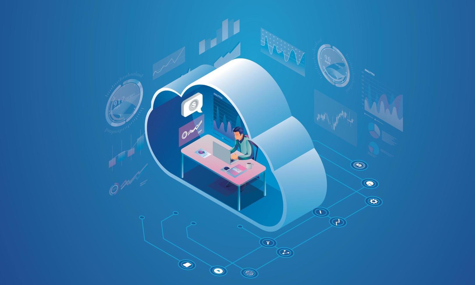 technologie informatique salle de serveur dispositif numérique concept isométrique stockage en nuage communication avec le réseau dispositifs en ligne télécharge des données d'information dans une base de données sur des services en nuage vecteur