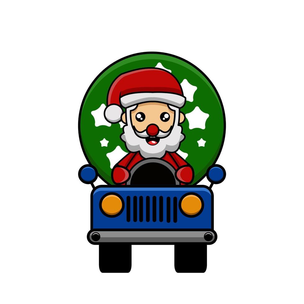 illustration de mascotte de vecteur mignon du père noël conduisant une voiture et portant un sac rempli de cadeaux