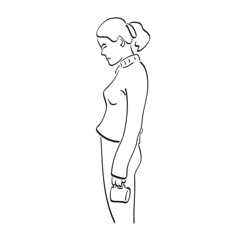 dessin au trait triste femme tenant une tasse de café illustration vecteur dessiné à la main isolé sur fond blanc