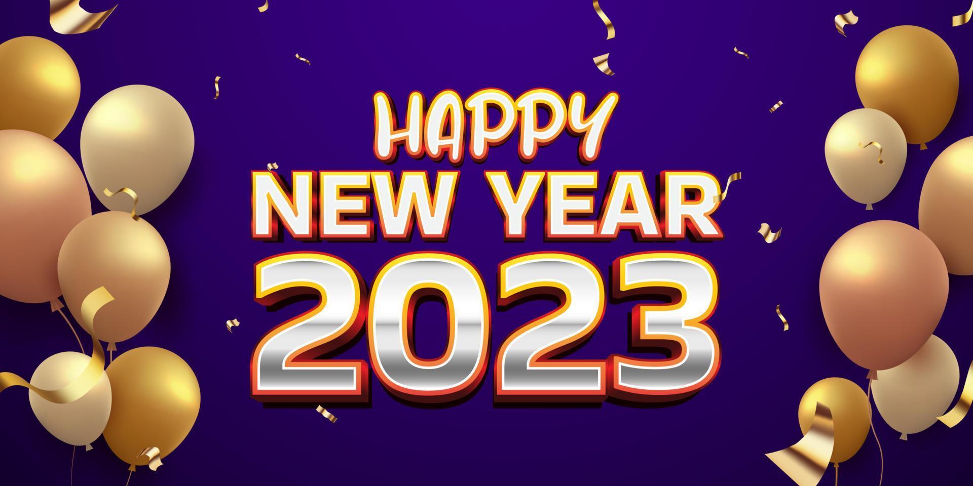 bonne année 2023 avec des confettis de ballons 3d dorés réalistes sur fond bleu foncé horizontal vecteur
