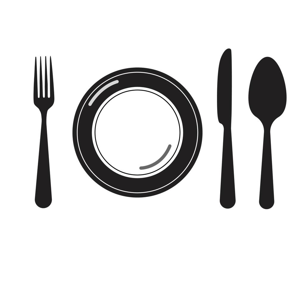 cuillère fourchette et assiette vecteur icône shilouette