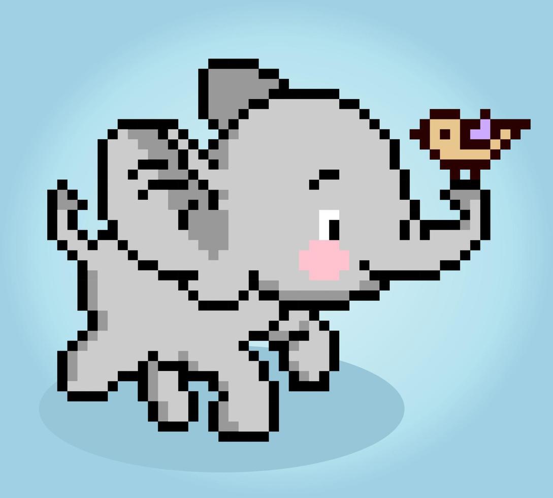 Les pixels d'éléphant 8 bits jouent avec un oiseau. animaux heureux pour le point de croix dans les illustrations vectorielles. vecteur