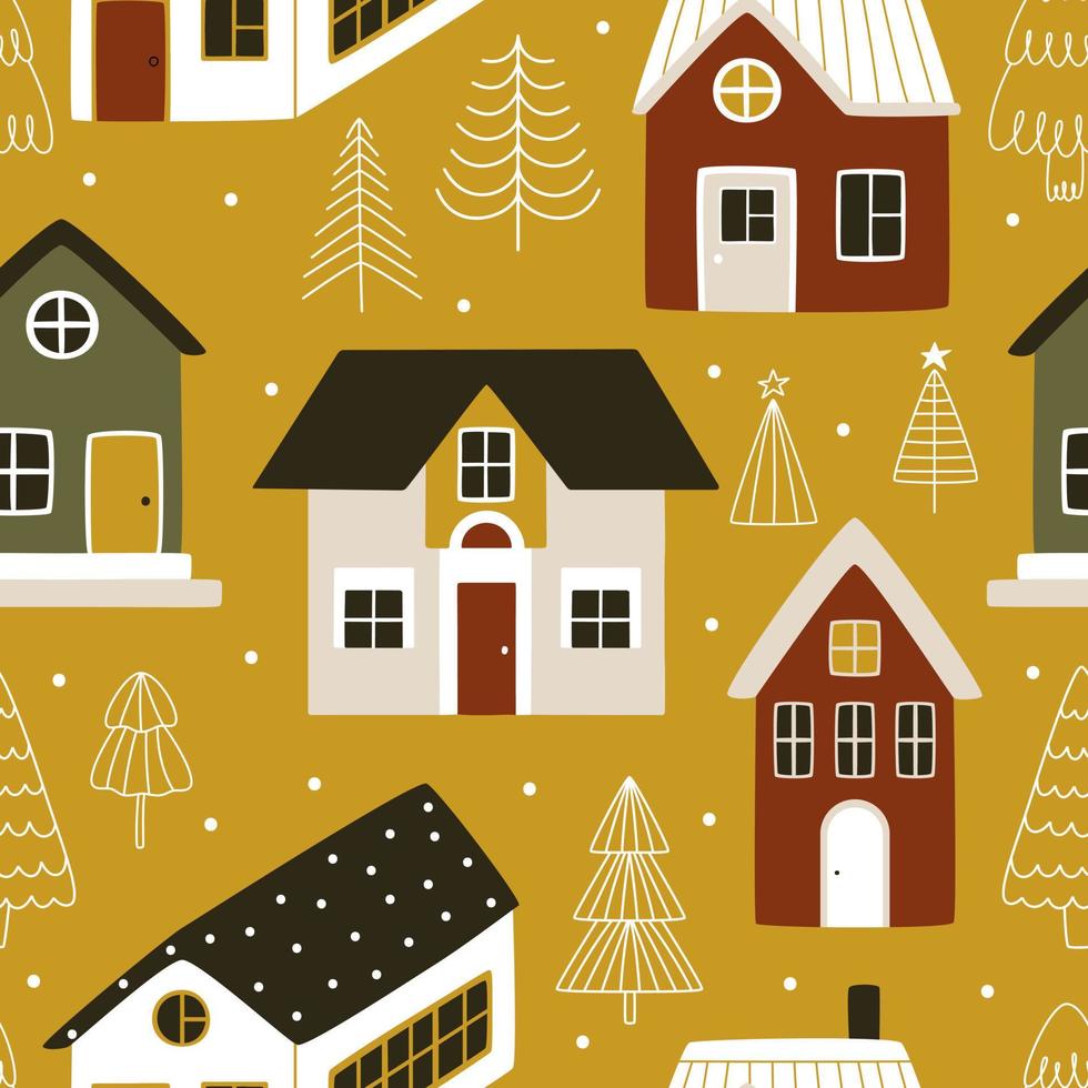 jolies maisons d'hiver sur fond doré avec des arbres de noël. modèle sans couture pour emballer des cadeaux pour le nouvel an et tissu vecteur