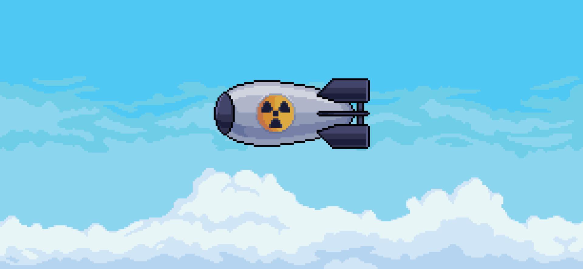 bombe atomique pixel art tombant du ciel bleu avec fond vectoriel de nuages pour le jeu 8bit
