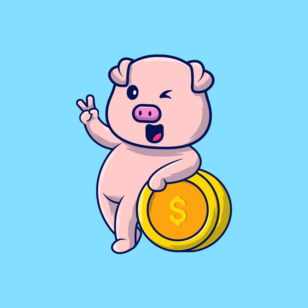 main de paix de cochon mignon avec illustration d'icônes vectorielles de dessin animé de pièce d'or. concept de dessin animé plat. adapté à tout projet créatif. vecteur