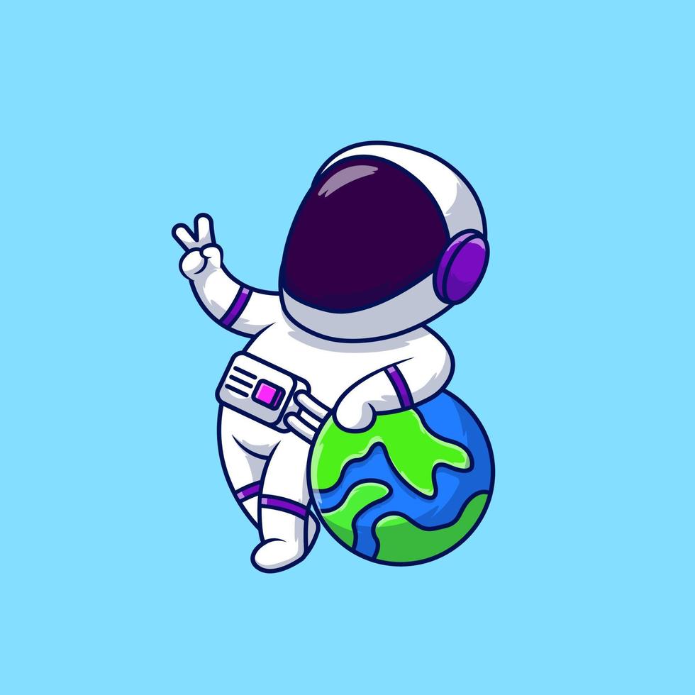 main de paix astronaute mignon avec illustration d'icônes vectorielles de dessin animé de terre. concept de dessin animé plat. adapté à tout projet créatif. vecteur