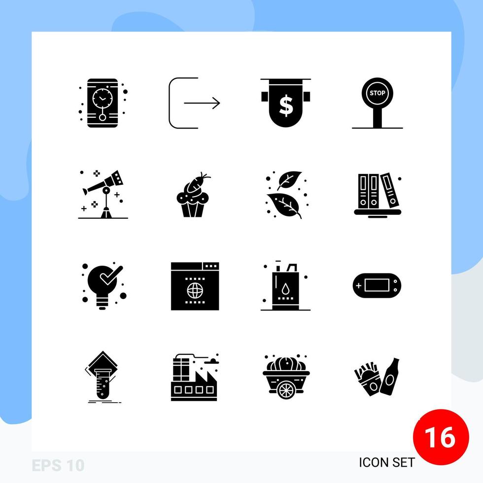groupe de 16 signes et symboles de glyphes solides pour télescope science monnaie astronomie arrêt éléments de conception vectoriels modifiables vecteur