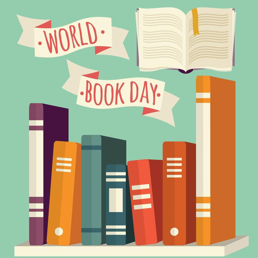 journée mondiale du livre, livres sur étagère avec bannière vecteur