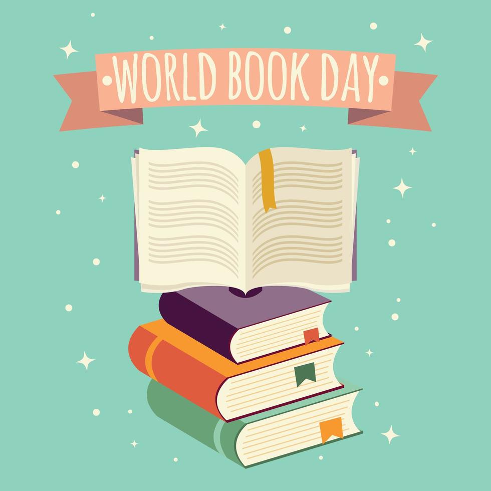 journée mondiale du livre, livre ouvert avec bannière festive vecteur