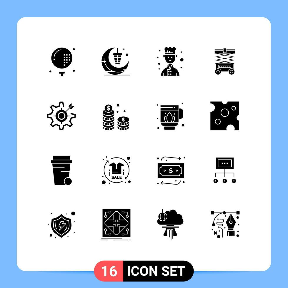 interface mobile glyphe solide ensemble de 16 pictogrammes de configuration entrepôt lune chariot élévateur cuisinier éléments de conception vectoriels modifiables vecteur