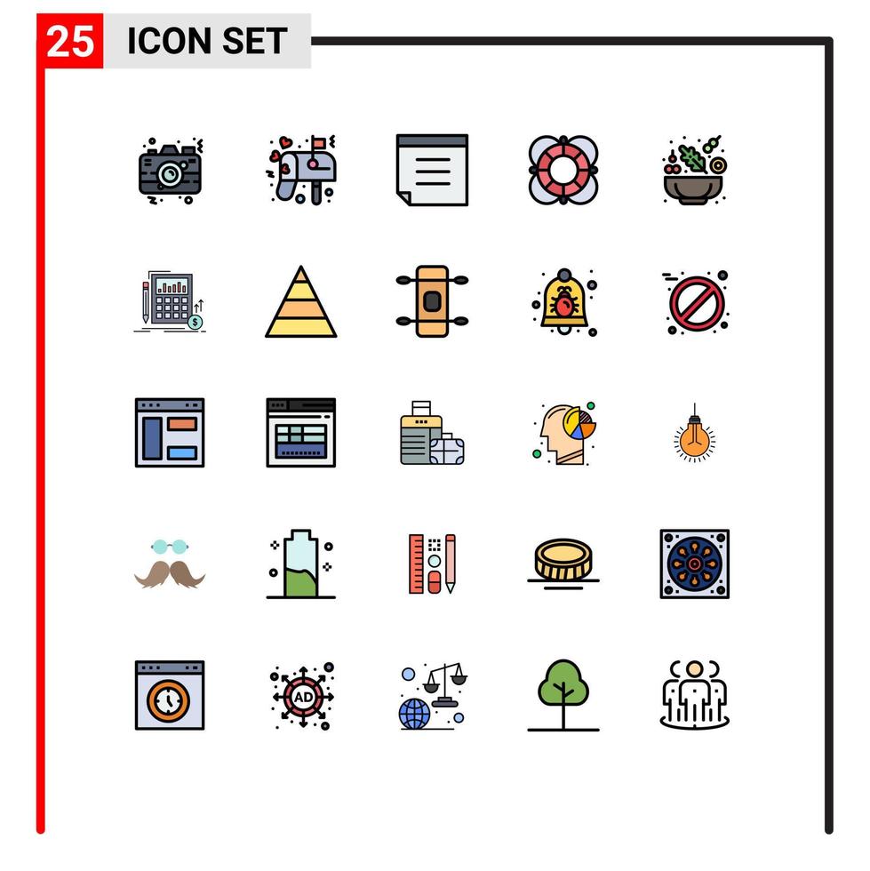 groupe de 25 signes et symboles de couleurs plates en ligne remplie pour le contour du courrier de support de laitue aide les éléments de conception vectoriels modifiables vecteur