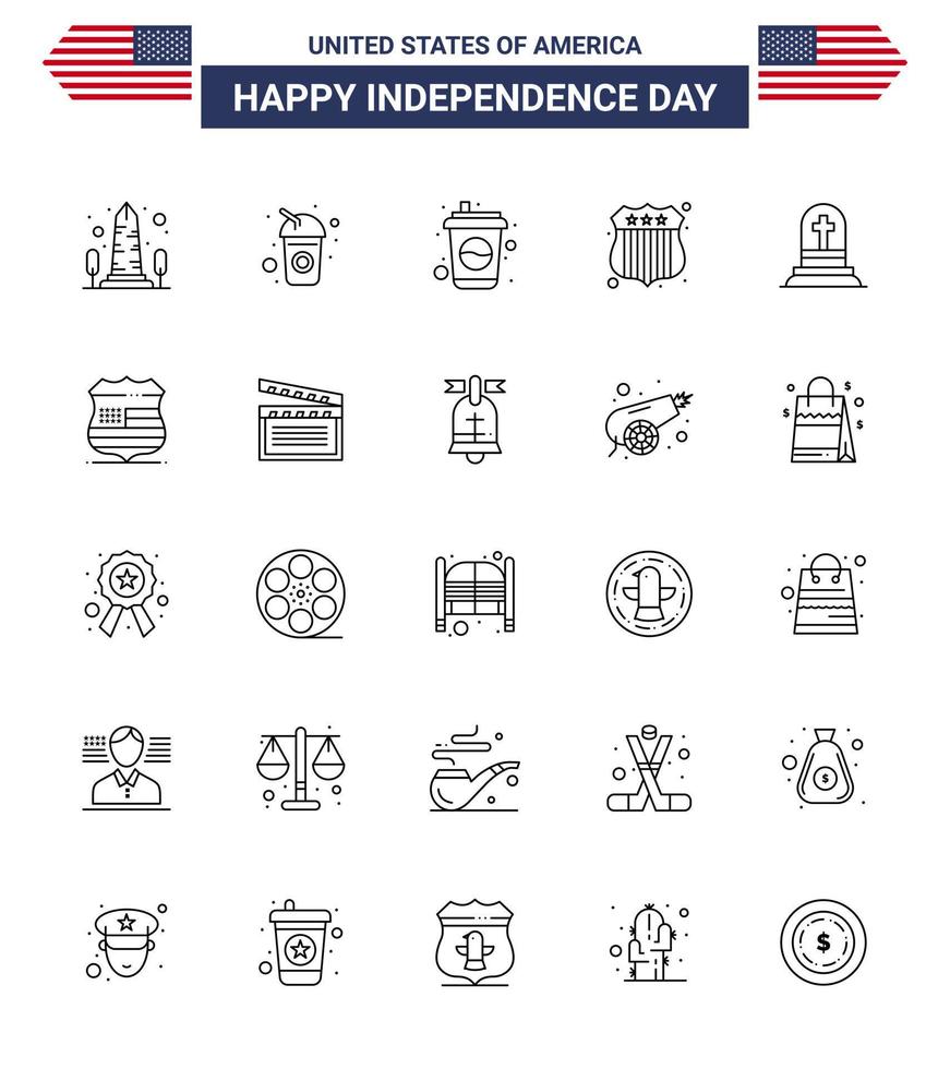 joyeux jour de l'indépendance pack de 25 lignes signes et symboles pour signe rip soda pierre tombale mort modifiable usa day vector design elements