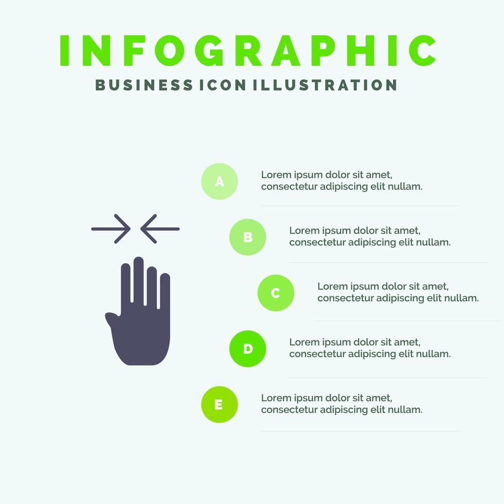 flèche quatre doigts geste pincer solide icône infographie 5 étapes présentation arrière-plan vecteur