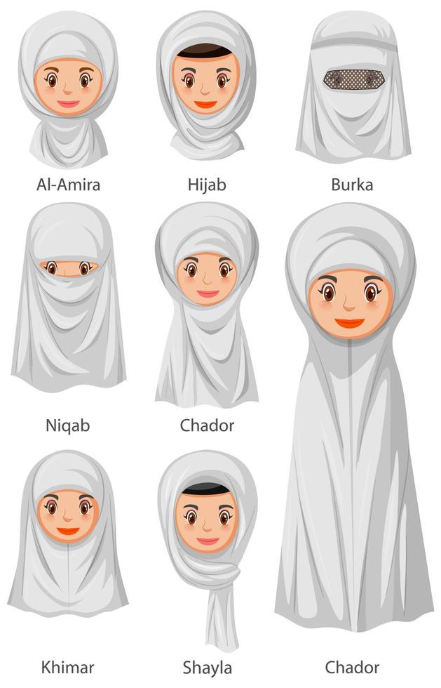 types de voiles traditionnels islamiques de femmes en style cartoon vecteur