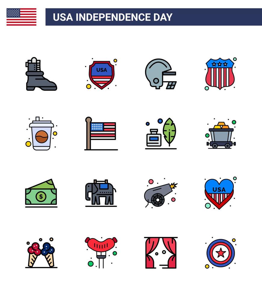 16 icônes créatives des états-unis signes d'indépendance modernes et symboles du 4 juillet du drapeau boisson football cola police des états-unis éléments de conception vectoriels modifiables de la journée des états-unis vecteur