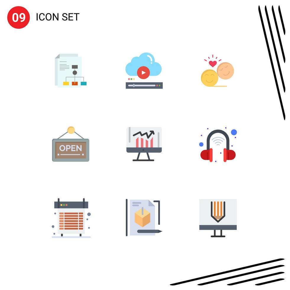 pack de 9 signes et symboles de couleurs plates modernes pour les supports d'impression Web tels que le signe de l'hôtel en ligne éléments de conception vectoriels modifiables emoji ouverts vecteur