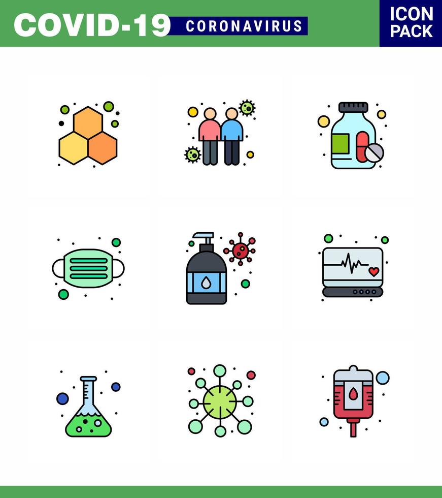 prévention du virus corona covid19 conseils pour éviter les blessures 9 ligne remplie icône de couleur plate pour la présentation hydratant lavage des mains médicaments masque de sécurité coronavirus viral 2019nov maladie vecteur éléments de conception