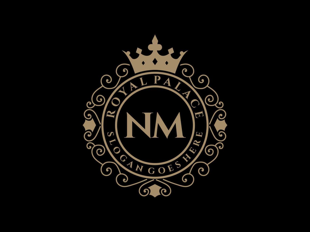 lettre nm logo victorien de luxe royal antique avec cadre ornemental. vecteur
