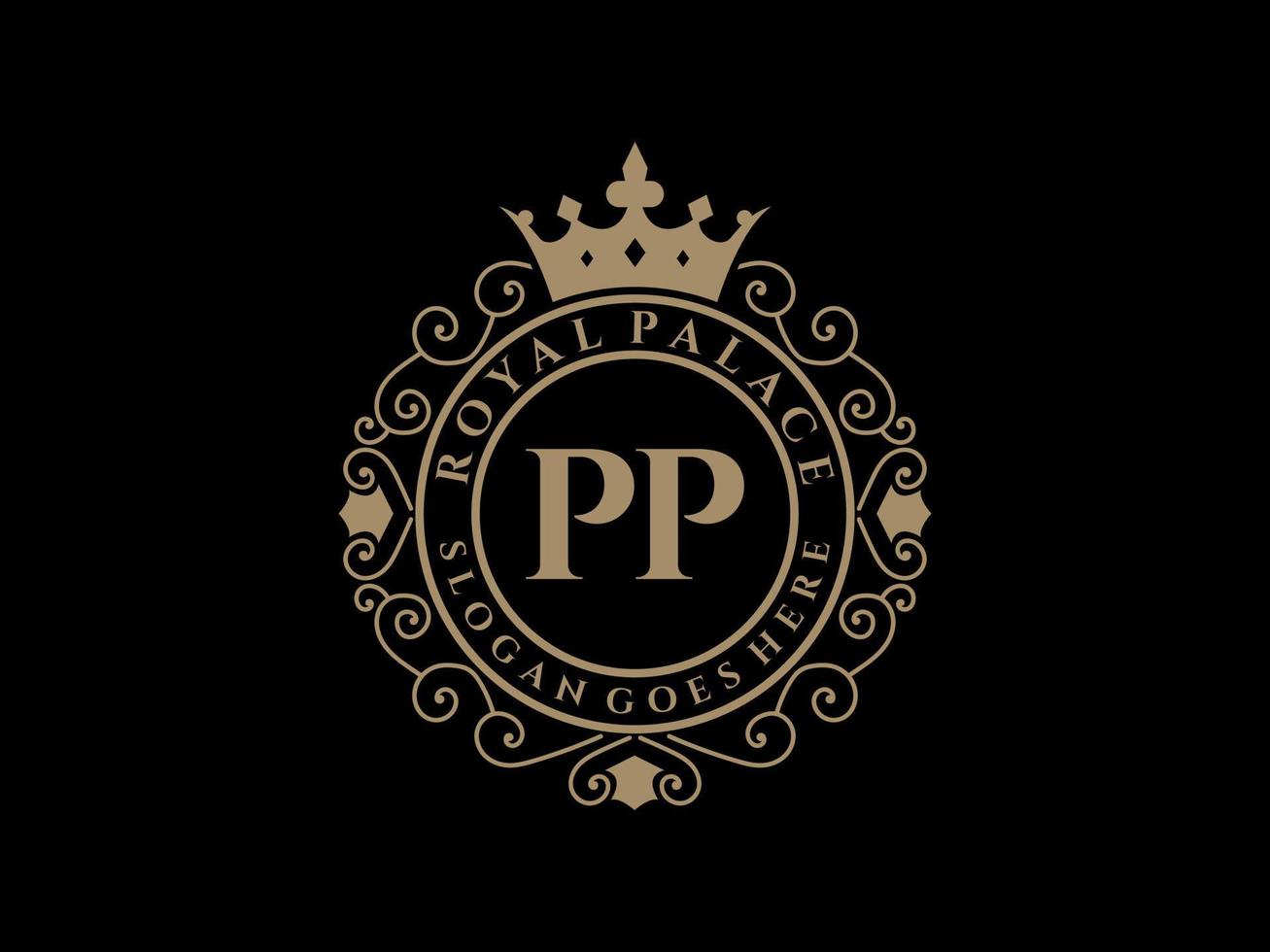 lettre pp logo victorien de luxe royal antique avec cadre ornemental. vecteur