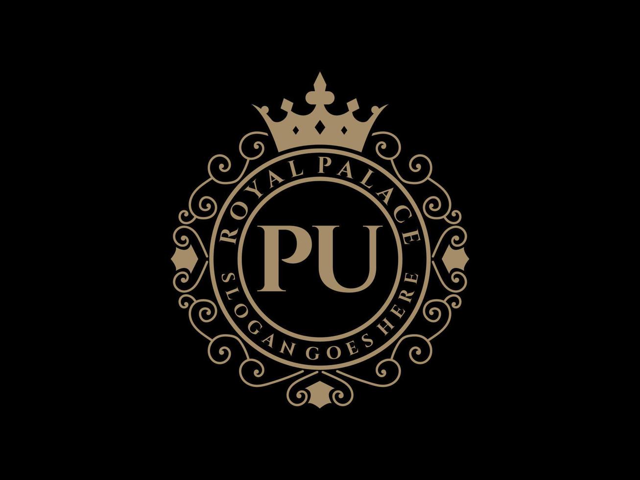 lettre pu logo victorien de luxe royal antique avec cadre ornemental. vecteur