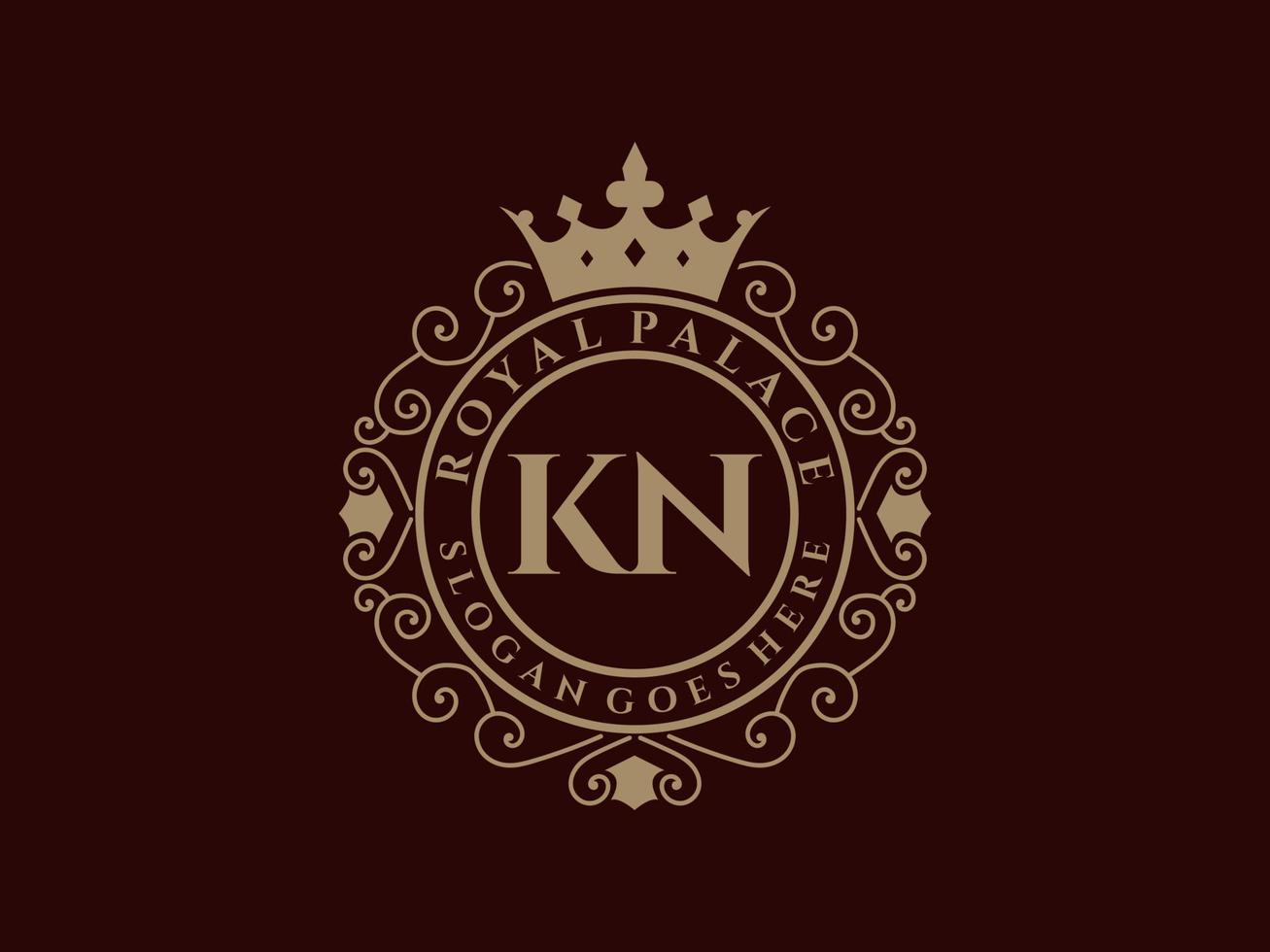 lettre kn logo victorien de luxe royal antique avec cadre ornemental. vecteur