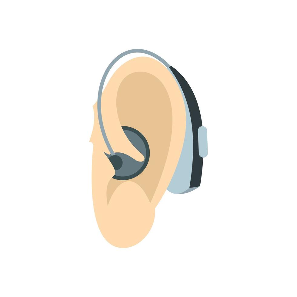 oreille avec icône d'aide auditive, style plat vecteur