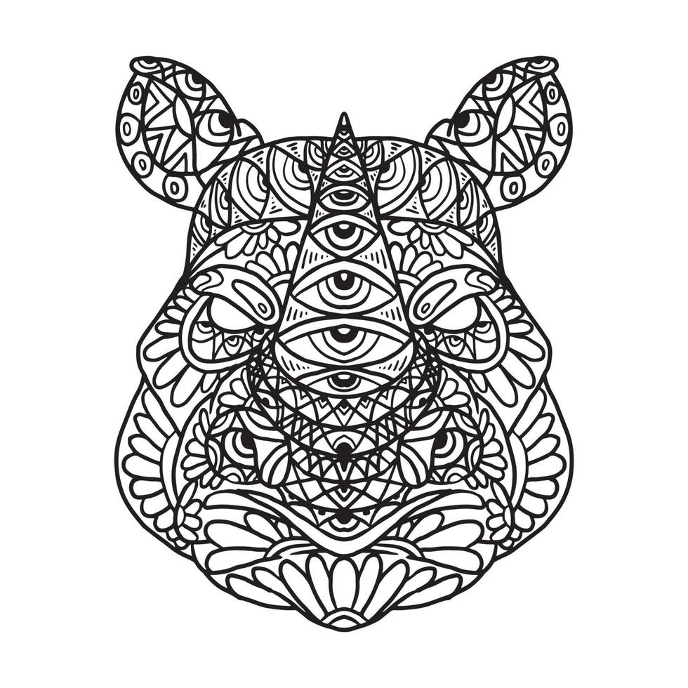 page de coloriage de motif de doodle animal rhinocéros vecteur