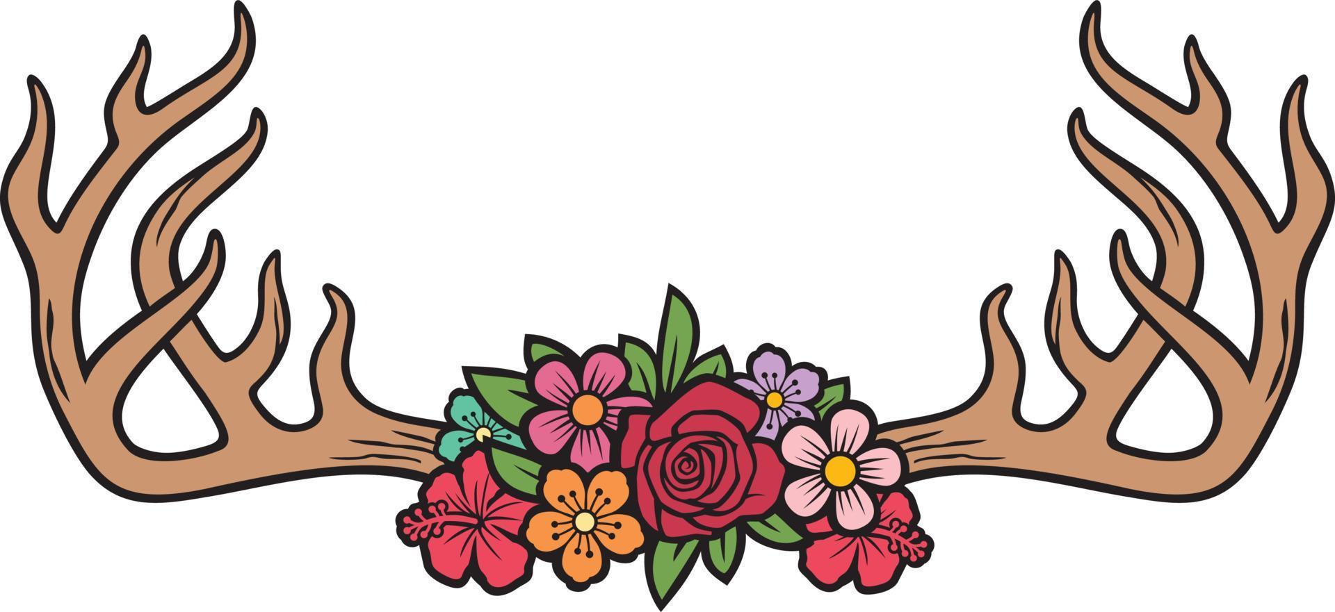 cornes de cerf ou bois avec illustration vectorielle de fleurs vecteur