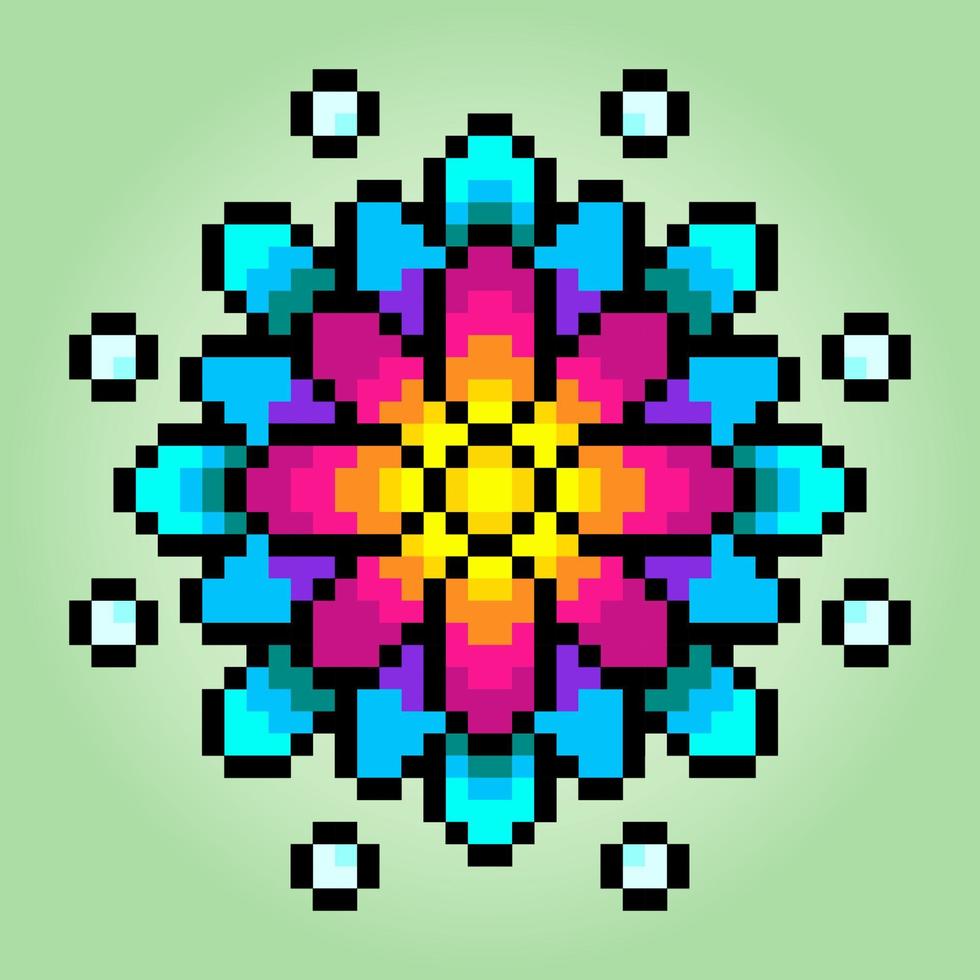 Ornements de fleurs en pixels 8 bits. cercle de fleurs pour les motifs de point de croix, dans les illustrations vectorielles. vecteur