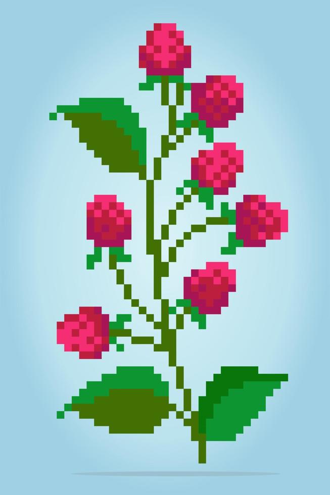 Pixels de 8 bits de roses. fleurs rouges pour les motifs de point de croix, dans les illustrations vectorielles. vecteur