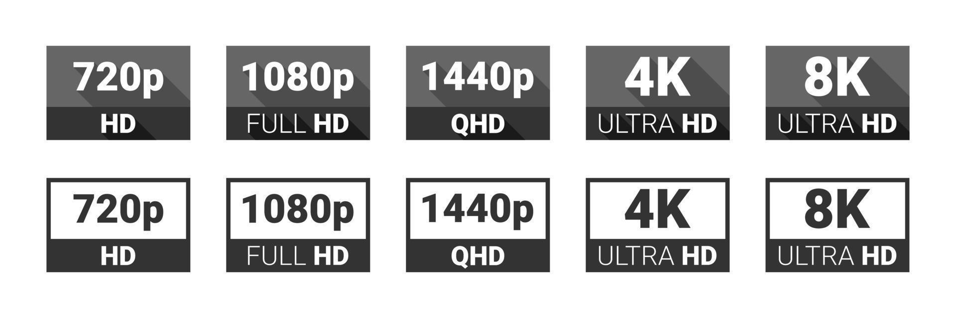 symbole de qualité vidéo. icônes de résolution hd, full hd, 2k, 4k, 8k. norme d'icône de résolution d'affichage haute définition. illustration vectorielle vecteur